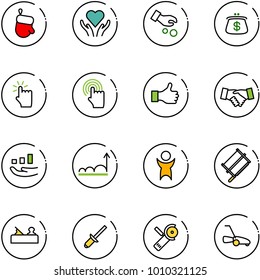 line vector icon set - christmas glove vector, heart care, investment, purse, hand touch, cursor, like, agreement, growth, success, bucksaw, jointer, clinch, Angular grinder, lawn mower