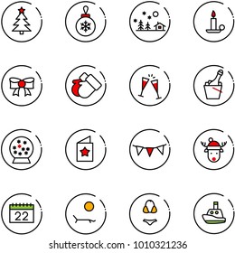 line vector icon set - christmas tree vector, ball, landscape, candle, bow, gloves, wine glasses, champagne, snowball, star postcard, flag garland, deer hat, calendar, lounger, swimsuit, toy boat