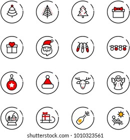 line vector icon set - christmas tree vector, gift, santa claus, garland, ball, hat, deer, angel, snowball house, sleigh, fizz opening, beach