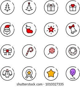 line vector icon set - christmas tree vector, gift, santa claus, sock, star, bell, bow, lollipop, wreath, angel, medal, balloon smile
