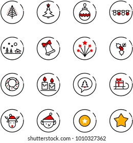 line vector icon set - christmas tree vector, ball, garland, landscape, bell, firework, holly, wreath, candle, merry message, sleigh gift, deer hat, elf, star medal