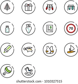 line vector icon set - christmas tree vector, gift, garland, vial, pills bottle, heart, account statement, speed limit 70 road sign, highlight marker, helicopter, life vest, windsurfing, beanbag