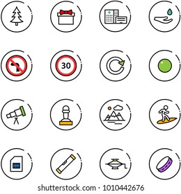 line vector icon set - christmas tree vector, gift, hospital building, drop hand, no left turn road sign, speed limit 30, reload, record, telescope, pawn, mountains, surfing, sim, level, jack