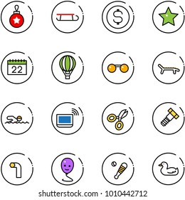 line vector icon set - christmas ball vector, sleigh, dollar coin, star, calendar, air balloon, sunglasses, lounger, swimming, notebook wi fi, scissors, bolt, allen key, smile, baseball bat