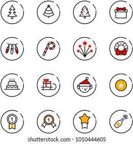 line vector icon set - christmas tree vector, gift, garland, lollipop, firework, wreath, cake, sleigh, elf, star medal, gold, fizz opening