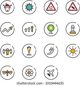 line vector icon set - christmas deer hat vector, sun, round motion road sign, multi lane traffic, growth arrow, arrows up, money tree, pawn, team leader, pennant, flying man, dragonfly, flower