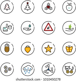 line vector icon set - christmas tree vector, holly, apple, tonometer, drop hand, wild animals road sign, sproute, pineapple, strawberry, starfish, butterfly, flower, snow, wind mill, toy cat