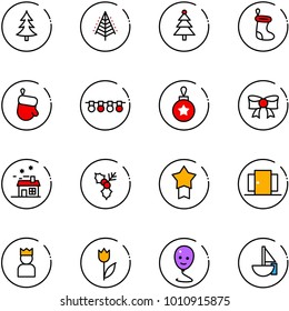 line vector icon set - christmas tree vector, sock, glove, garland, ball, bow, house, holly, star medal, doors, king, tulip, balloon smile, sailboat toy