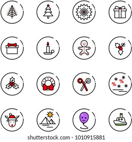 line vector icon set - christmas tree vector, firework, gift, candle, cake man, holly, wreath, santa stick, sale, deer hat, pyramid, balloon smile, toy boat