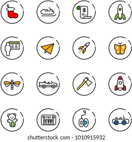 line vector icon set - christmas sock vector, snowmobile, account history, rocket, presentation, paper fly, butterfly, dragonfly, cabrio, axe, bear toy, piano, yoyo, car