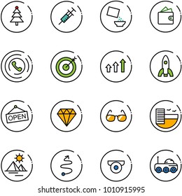 line vector icon set - christmas tree vector, syringe, cereal, wallet, phone horn, target, arrows up, rocket, open, diamond, sunglasses, hotel, pyramid, trip, surveillance camera, moon rover