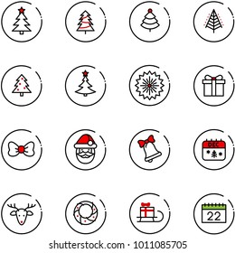 line vector icon set - christmas tree vector, firework, gift, bow, santa claus, bell, calendar, deer, wreath, sleigh