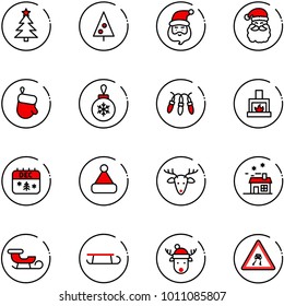 line vector icon set - christmas tree vector, santa claus, glove, ball, garland, fireplace, calendar, hat, deer, house, sleigh, slippery road sign