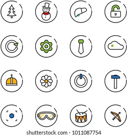 line vector icon set - christmas tree vector, snowman, liver, unlocked, reload, gear, tie, cloud, crown, flower, standby button, hammer, record, protective glasses, drum, bow