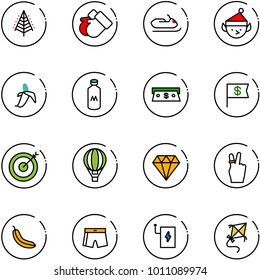 line vector icon set - christmas tree vector, gloves, snowmobile, elf, banana, milk, cash, dollar flag, target, air balloon, diamond, victory, swimsuit, power bank, kite
