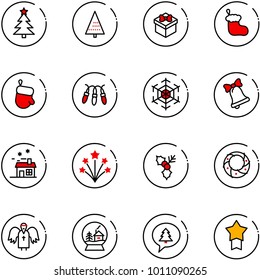 line vector icon set - christmas tree vector, gift, sock, glove, garland, snowflake, bell, house, firework, holly, wreath, angel, snowball, merry message, star medal