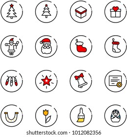 line vector icon set - christmas tree vector, gift, santa claus, sock, garland, star, bell, certificate, luck, tulip, brush, russian doll