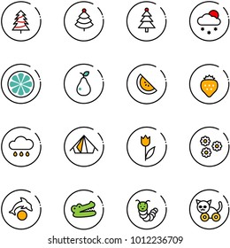 line vector icon set - christmas tree vector, snowfall, lemon slice, pear, watermelone, strawberry, rain cloud, tent, tulip, flower, dolphin, crocodile, toy caterpillar, cat