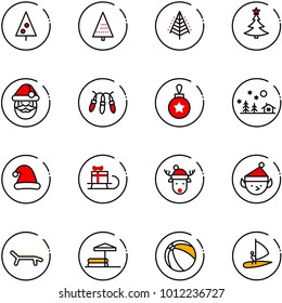 line vector icon set - christmas tree vector, santa claus, garland, ball, landscape, hat, sleigh gift, deer, elf, lounger, inflatable pool, windsurfing