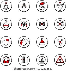 line vector icon set - christmas tree vector, santa claus, ball, garland, snowflake, snowfall, gloves, hat, holly, wreath, ski, snowball, slippery road sign