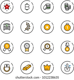 line vector icon set - christmas star vector, bitcoin, coin, money chest, golden branch, medal, gold, finger ring, crown, casting of steel