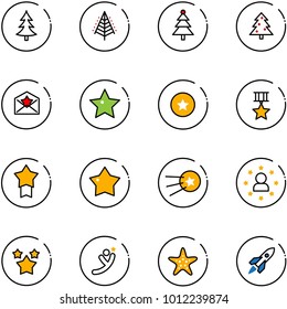 line vector icon set - christmas tree vector, star letter, medal, first satellite, man, stars, flying, starfish, rocket