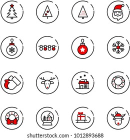 line vector icon set - christmas tree vector, santa claus, ball, garland, snowflake, gloves, deer, house, wreath, snowball, sleigh gift, hat