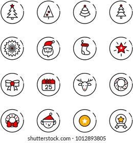 line vector icon set - christmas tree vector, firework, santa claus, sock, star, bow, 25 dec calendar, deer, wreath, elf, medal