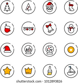 line vector icon set - christmas tree vector, santa claus, sock, glove, garland, bell, snowman, hat, snowball house, star medal, crown, brush, sailboat toy