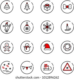 line vector icon set - christmas tree vector, gift, bow, santa claus, ball, snowflake, candle, cake man, snowman, hat, wreath, sale, flag garland, sleigh, airport road sign
