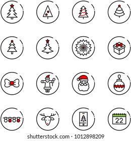 line vector icon set - christmas tree vector, firework, gift, bow, santa claus, ball, garland, deer, mobile, calendar