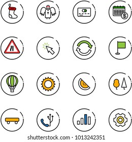 line vector icon set - christmas sock vector, angel, credit card, calendar, Road narrows sign, cursor, refresh, flag, air balloon, sun, watermelone, forest, skateboard, phone, chart, gear