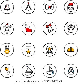 line vector icon set - christmas tree vector, bow, santa claus, sock, bell, angel, star medal, crown, tulip, sailboat toy, russian doll
