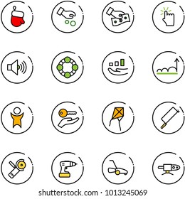 line vector icon set - christmas glove vector, investment, cash pay, hand touch, volume max, friends, growth, success, key, kite, metal hacksaw, Angular grinder, drill, lawn mower, pipe welding