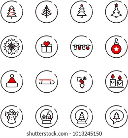 line vector icon set - christmas tree vector, firework, gift, garland, ball, hat, sleigh, holly, candle, angel, snowball house, merry message