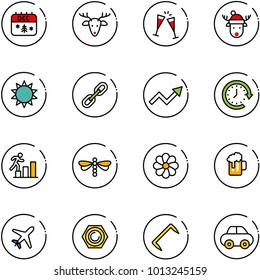 line vector icon set - christmas calendar vector, deer, wine glasses, hat, sun, link, growth arrow, clock around, career, dragonfly, flower, beer, plane, nut, staple, car