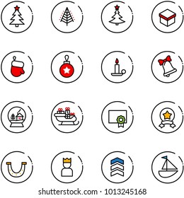 line vector icon set - christmas tree vector, gift, glove, ball, candle, bell, snowball house, santa sleigh, certificate, star medal, luck, king, chevron, sailboat toy