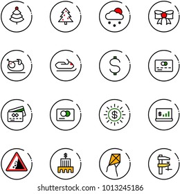 line vector icon set - christmas tree vector, snowfall, bow, turkey, snowmobile, dollar, credit card, sun, account statistics, landslide road sign, bank building, kite, clamp
