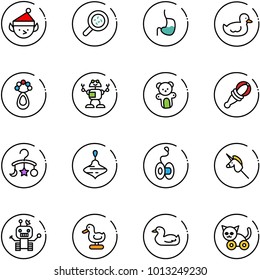 line vector icon set - christmas elf vector, bacteria, stomach, duck toy, beanbag, robot, bear, baby carousel, wirligig, yoyo, unicorn stick, cat