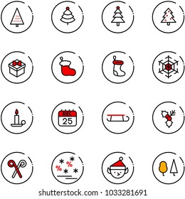 line vector icon set - christmas tree vector, gift, sock, snowflake, candle, 25 dec calendar, sleigh, holly, santa stick, sale, elf, forest