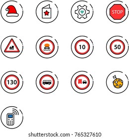 line vector icon set - christmas hat vector, star postcard, heart gear, stop road sign, railway intersection, no dangerous cargo, speed limit 10, 50, 130, bus, truck overtake, moon flag