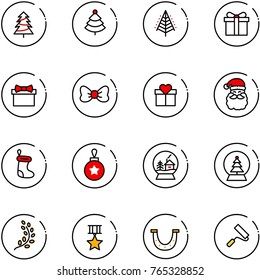 line vector icon set - christmas tree vector, gift, bow, santa claus, sock, ball, snowball house, golden branch, star medal, luck, paint roller