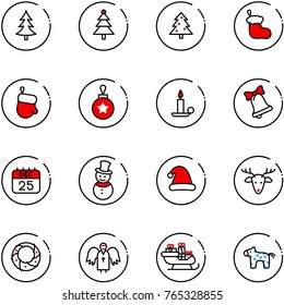 line vector icon set - christmas tree vector, sock, glove, ball, candle, bell, 25 dec calendar, snowman, hat, deer, wreath, angel, santa sleigh, toy horse