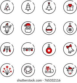 line vector icon set - christmas tree vector, gift, santa claus, ball, garland, bell, firework, wreath, sleigh, deer hat