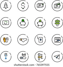 line vector icon set - christmas tree vector, dollar, credit card, exchange, piggy bank, signpost, flip flops, swimsuit, power, terms plan, laser, wi fi router, clamp, paper plane