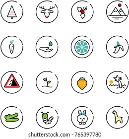 line vector icon set - christmas tree vector, deer, holly, mountains, carrot, drop hand, lemon slice, banana, landslide road sign, sproute, strawberry, palm, crocodile, toy caterpillar, rabbit