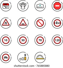 line vector icon set - christmas calendar vector, angel, doctor hat, no way road sign, narrows, artificial unevenness, prohibition, limited width, speed limit 10, 30, 70, 120, bike, dollar chart