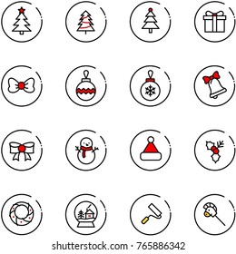 line vector icon set - christmas tree vector, gift, bow, ball, bell, snowman, hat, holly, wreath, snowball house, paint roller, horse stick toy