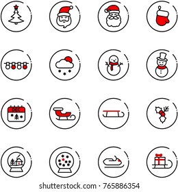 line vector icon set - christmas tree vector, santa claus, glove, garland, snowfall, snowman, calendar, sleigh, holly, snowball house, snowmobile, gift