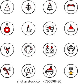 line vector icon set - christmas tree vector, gift, ball, candle, bow, hat, holly, wreath, angel, santa stick, merry message, elf, star medal